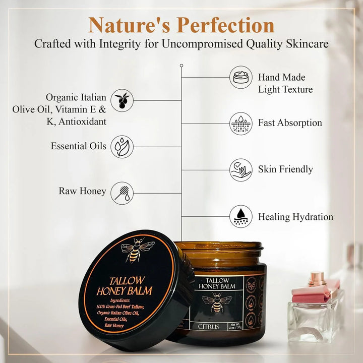 Organic Grass-Fed Beef Tallow Balm with Raw Honey - Moisturizing Cream for Soft, Smooth Skin - Handmade All-Natural Moisturizer
